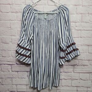 Studio West Blue White Striped Peasant Blouse L Flowy Bell Sleeve‎ Boho Cottage